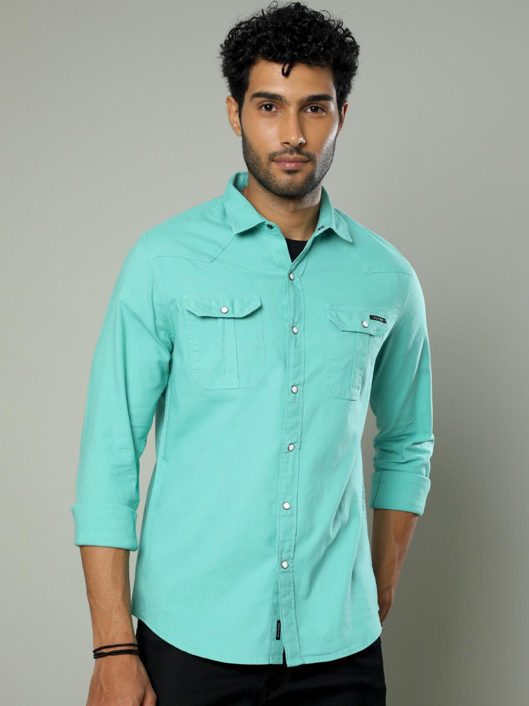 

FLY 69 Premium Slim Fit Spread Collar Long Sleeves Cotton Casual Shirt, Green