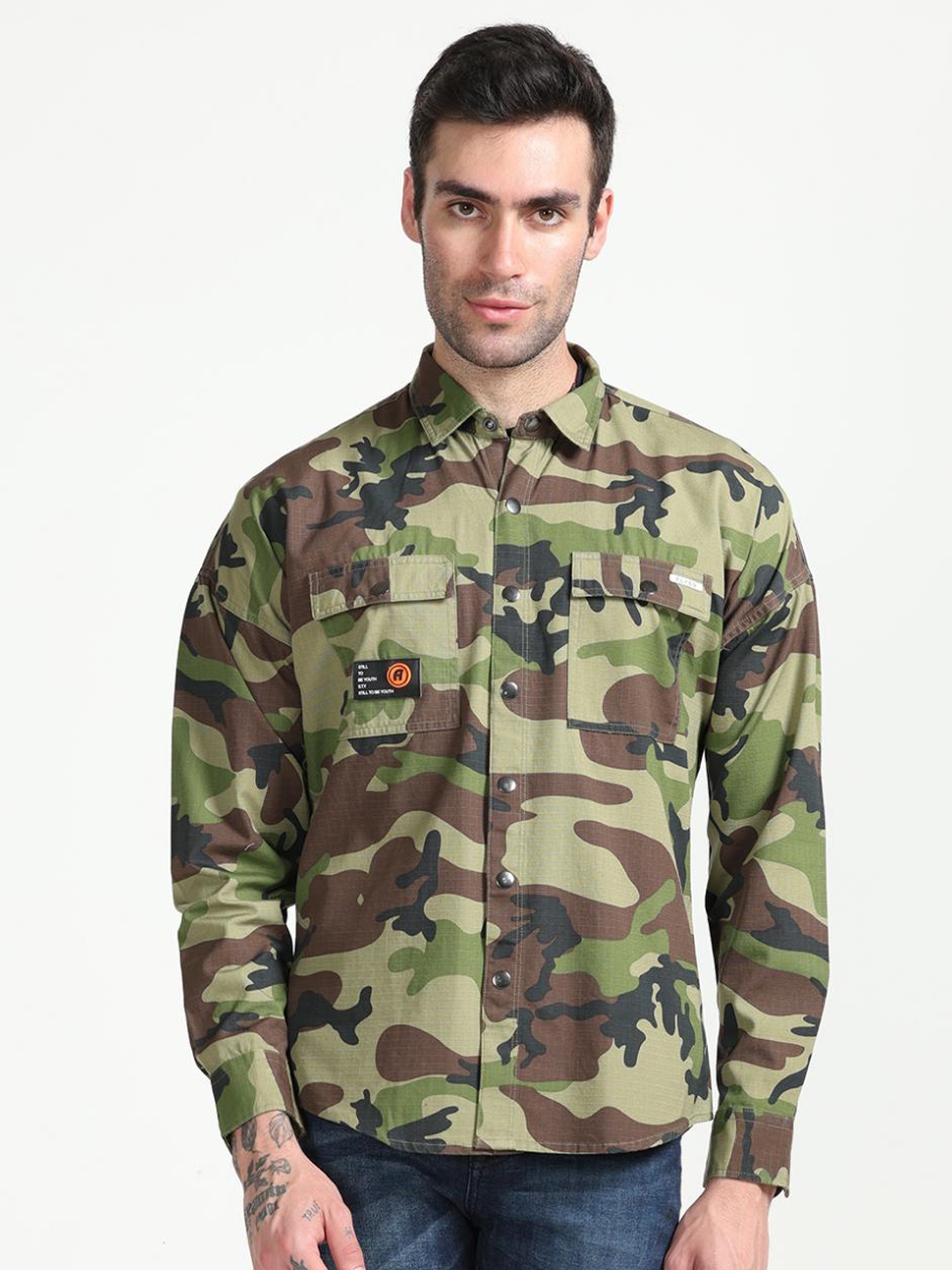 

FLY 69 Premium Slim Fit Camouflage Printed Pure Cotton Casual Shirt, Green