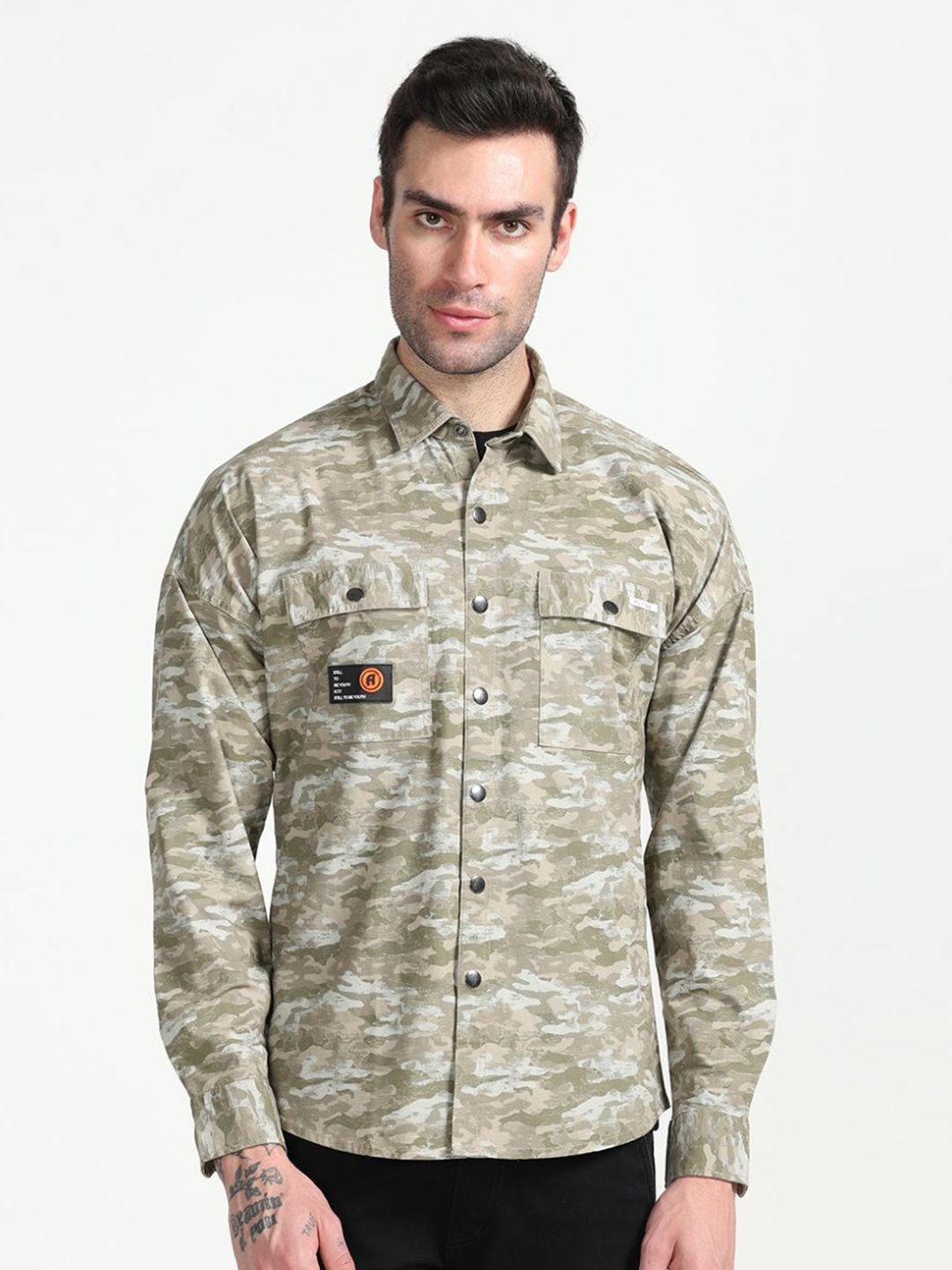 

FLY 69 Premium Slim Fit Abstract Printed Long Sleeves Cotton Casual Shirt, Khaki