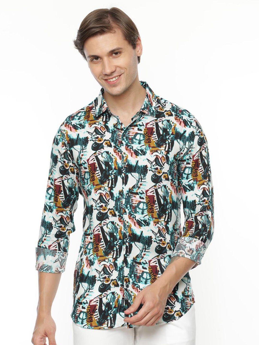 

FLY 69 Premium Slim Fit Abstract Printed Casual Shirt, Off white