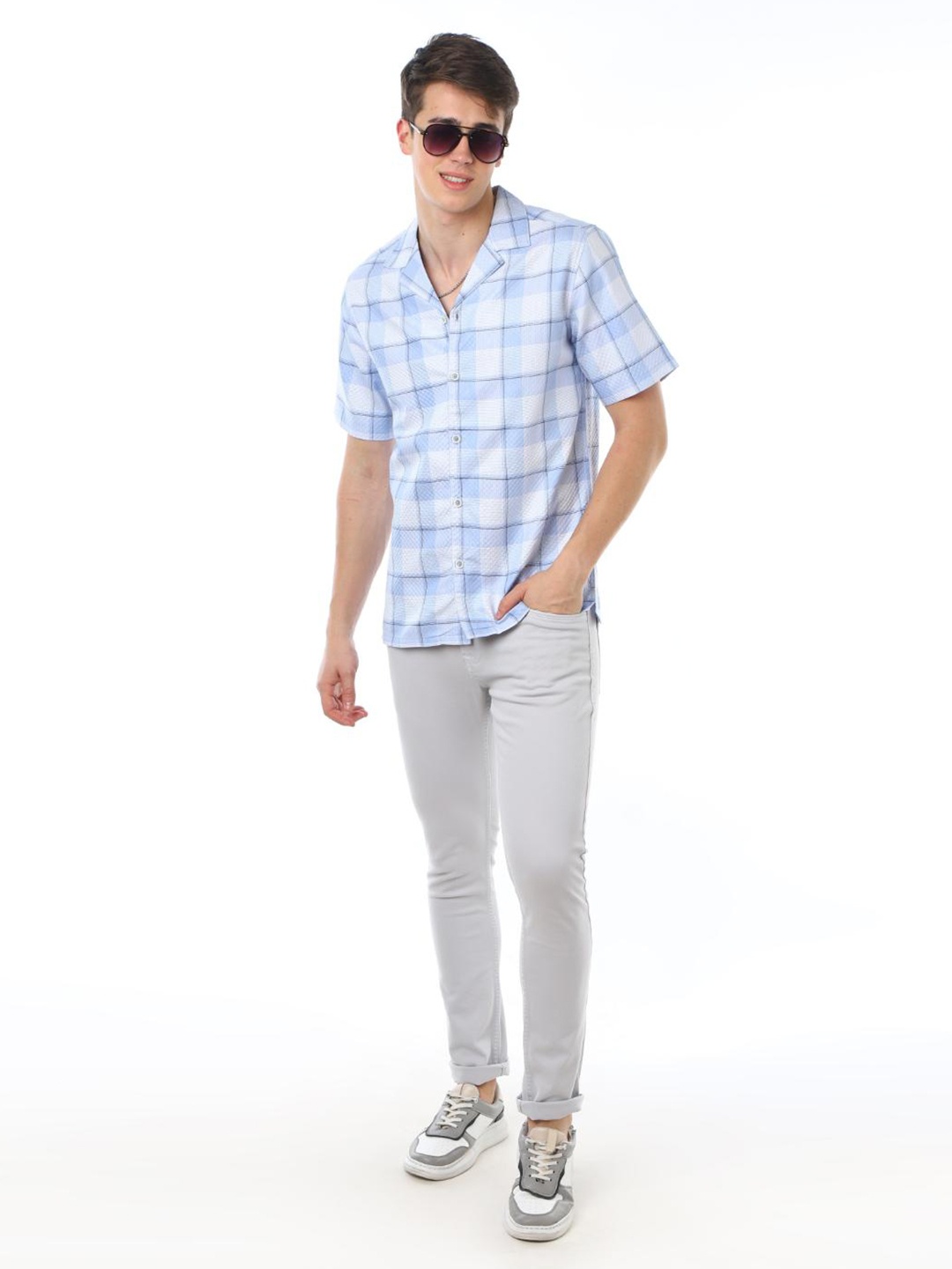 

FLY 69 Premium Boxy Checked Cuban Collar Pure Cotton Casual Shirt, Blue