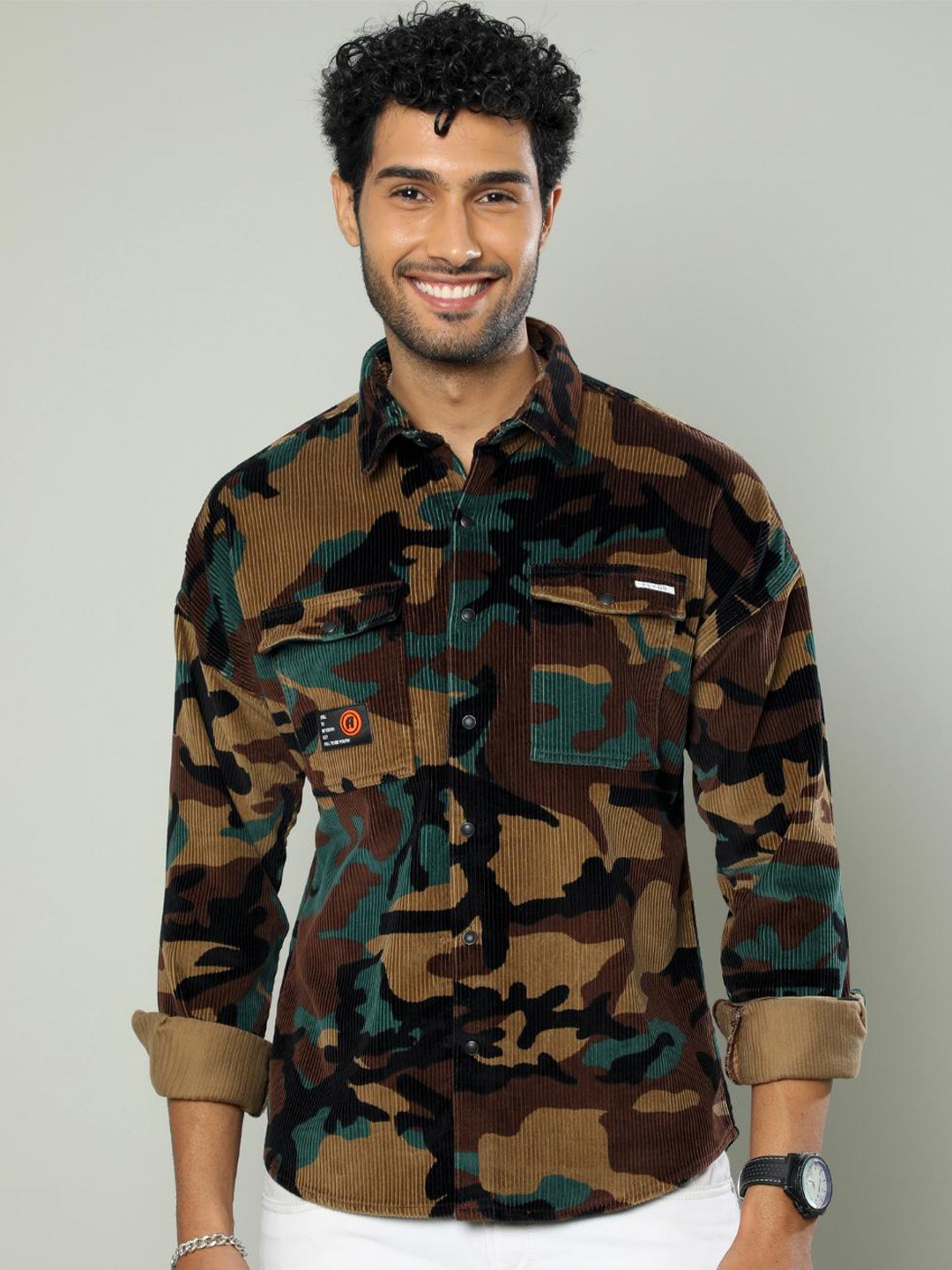 

FLY 69 Premium Slim Fit Abstract Printed Long Sleeves Corduroy Casual Shirt, Mustard