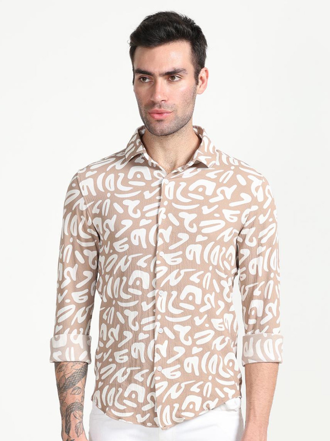 

FLY 69 Premium Slim Fit Abstract Printed Casual Shirt, Camel brown