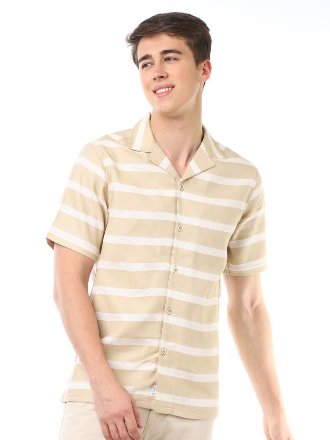 

FLY 69 Premium Boxy Horizontal Stripes Cuban Collar Cotton Casual Shirt, Khaki