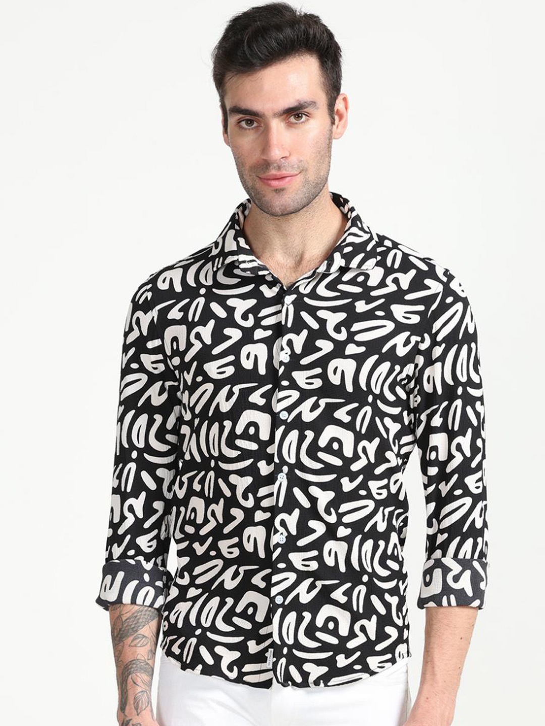 

FLY 69 Premium Slim Fit Abstract Printed Casual Shirt, Black