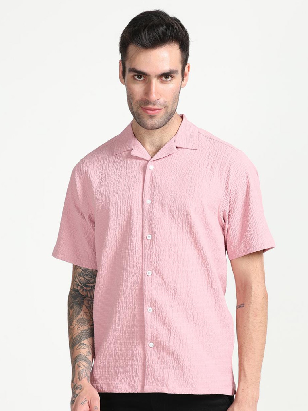 

FLY 69 Premium Boxy Self Design Cuban Collar Casual Shirt, Pink