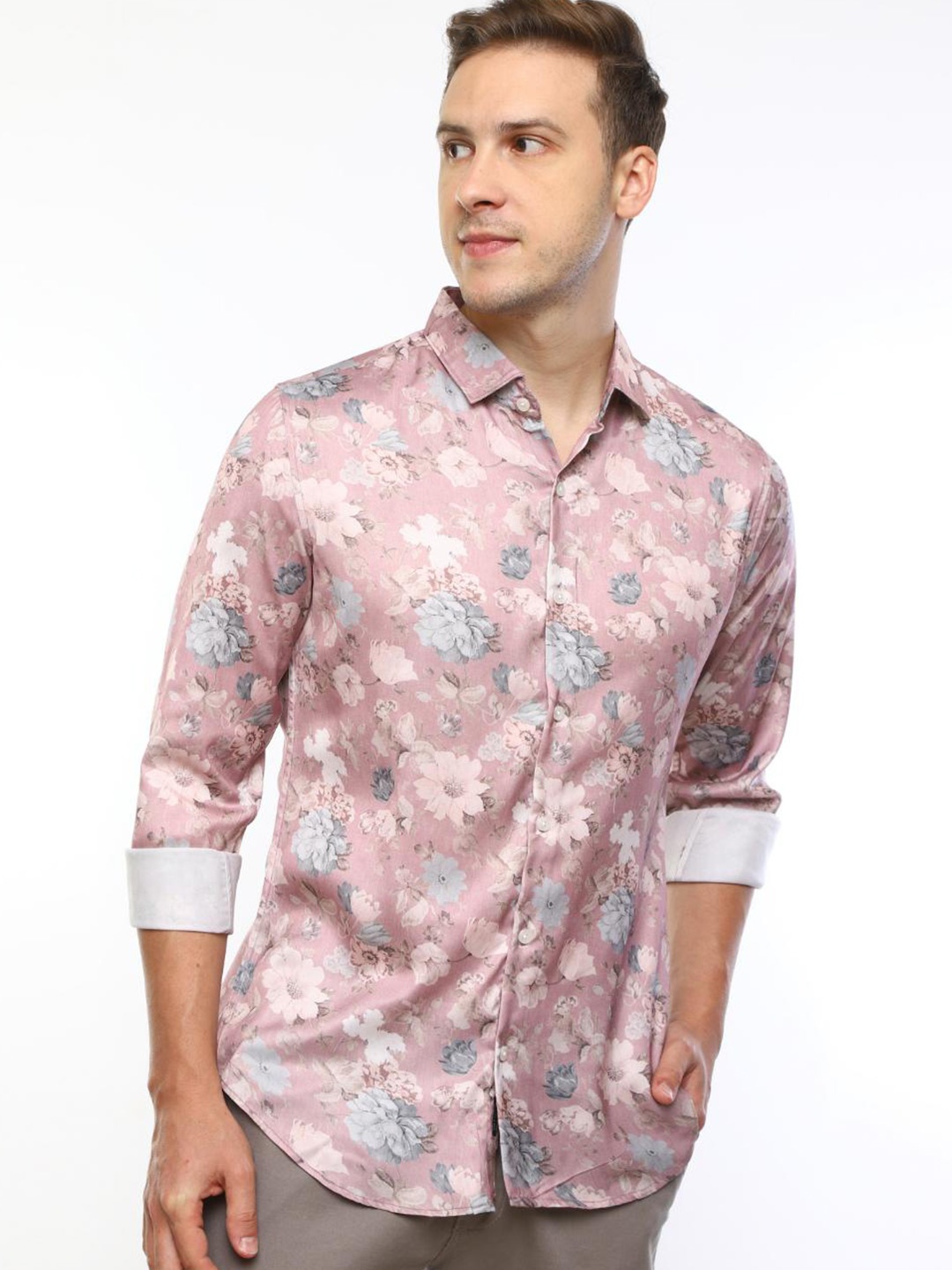 

FLY 69 Premium Slim Fit Floral Printed Pure Cotton Casual Shirt, Pink