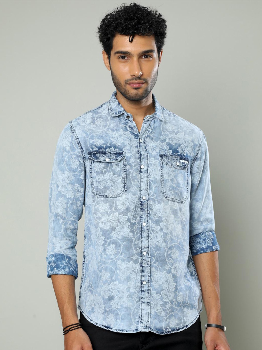 

FLY 69 Premium Slim Fit Abstract Printed Mandarin Collar Denim Casual Shirt, Blue