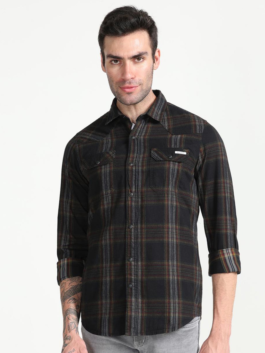 

FLY 69 Premium Slim Fit Tartan Checked Pure Cotton Casual Shirt, Black