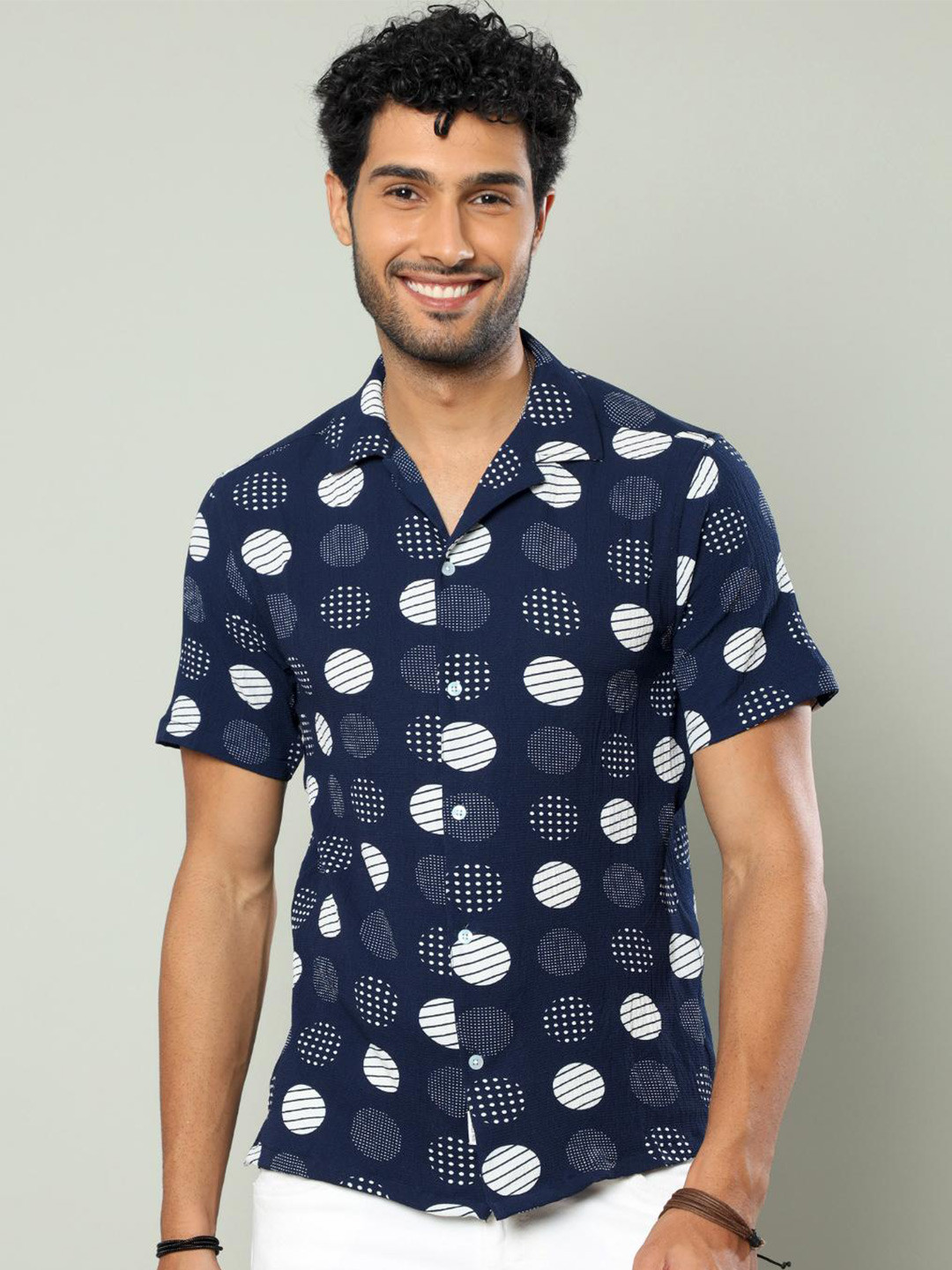 

FLY 69 Premium Boxy Geometric Printed Cuban Collar Casual Shirt, Navy blue