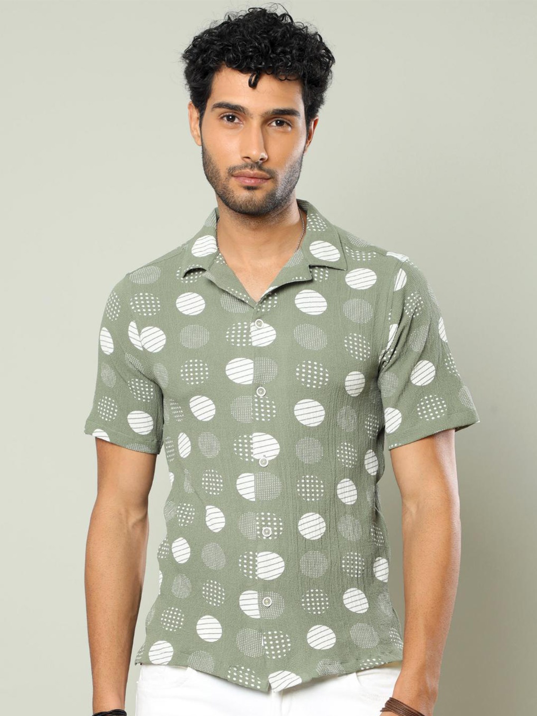 

FLY 69 Premium Boxy Geometric Printed Cuban Collar Casual Shirt, Green