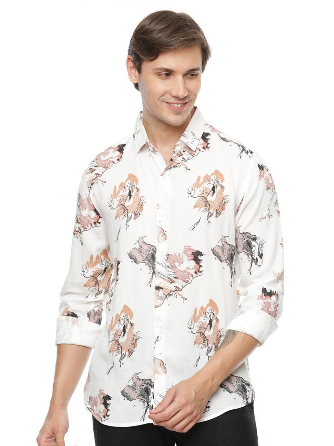 

FLY 69 Premium Slim Fit Abstract Printed Casual Shirt, Off white