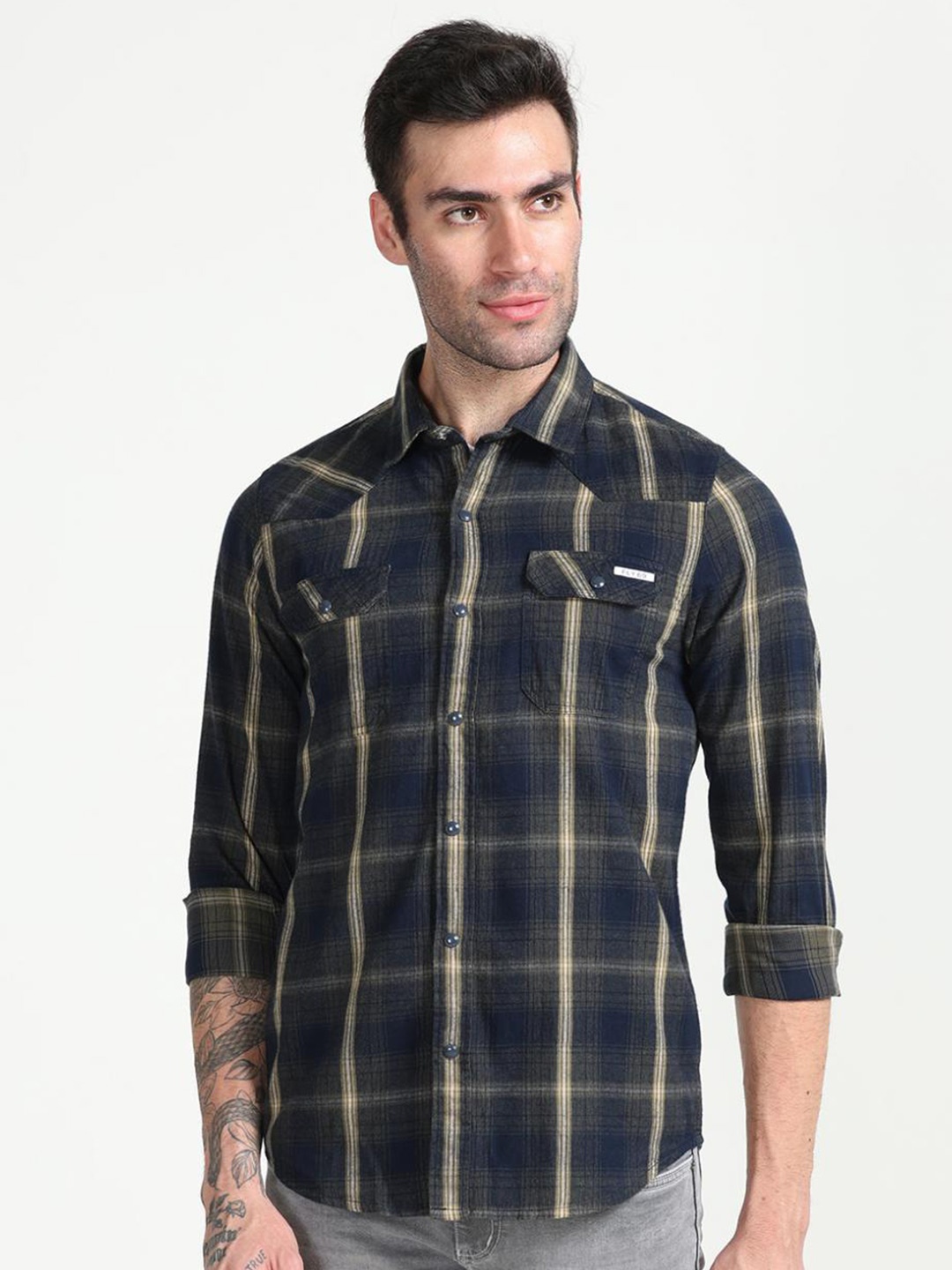 

FLY 69 Premium Slim Fit Checked Pure Cotton Casual Shirt, Navy blue