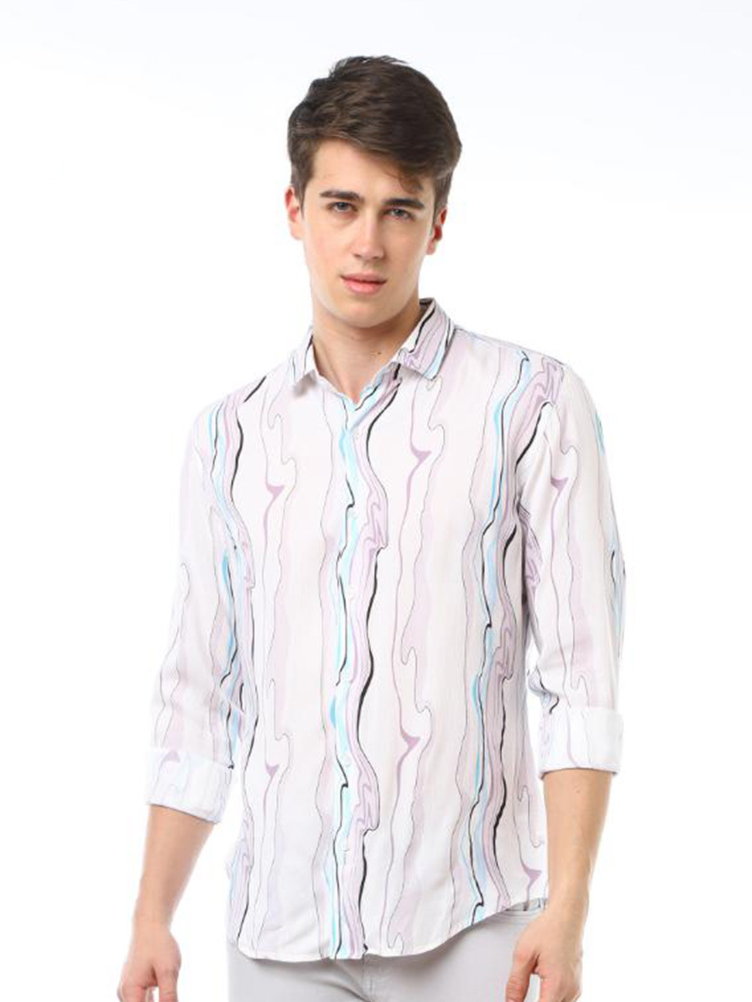 

FLY 69 Premium Slim Fit Abstract Printed Casual Shirt, White