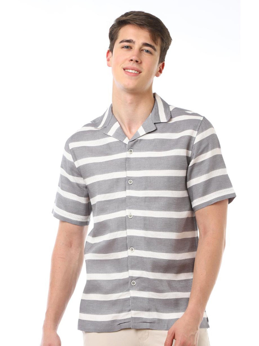 

FLY 69 Premium Boxy Horizontal Striped Cuban Collar Pure Cotton Casual Shirt, Grey