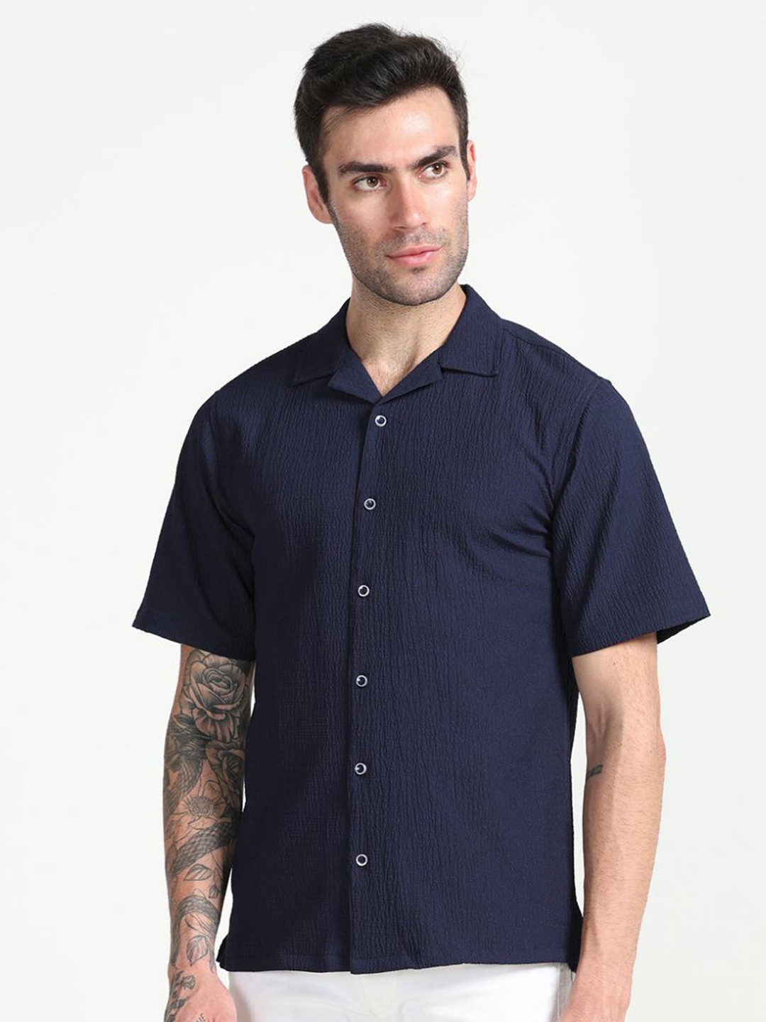 

FLY 69 Premium Boxy Cuban Collar Casual Shirt, Navy blue