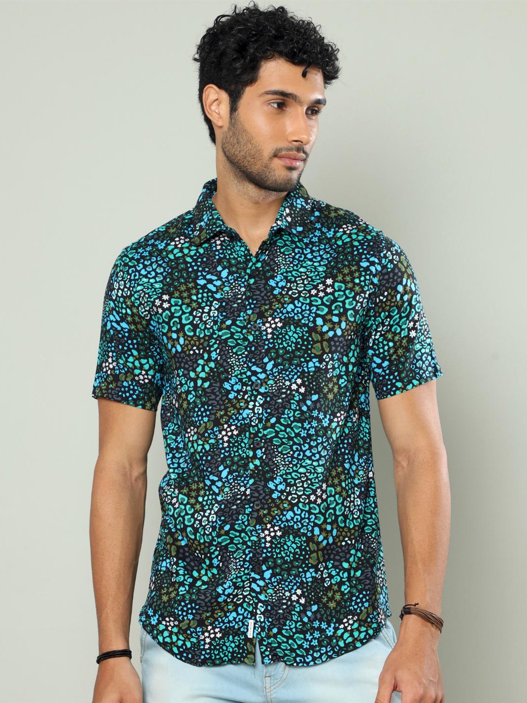 

FLY 69 Premium Slim Fit Abstract Printed Casual Shirt, Black