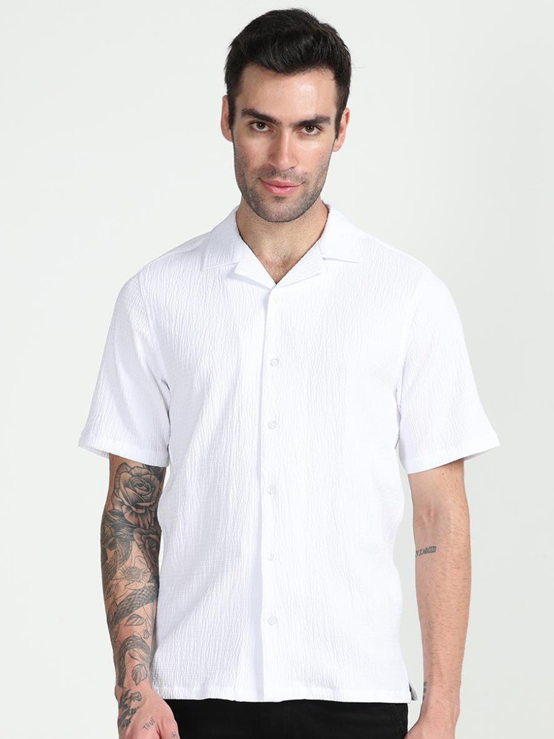 

FLY 69 Premium Boxy Self Design Cuban Collar Casual Shirt, White