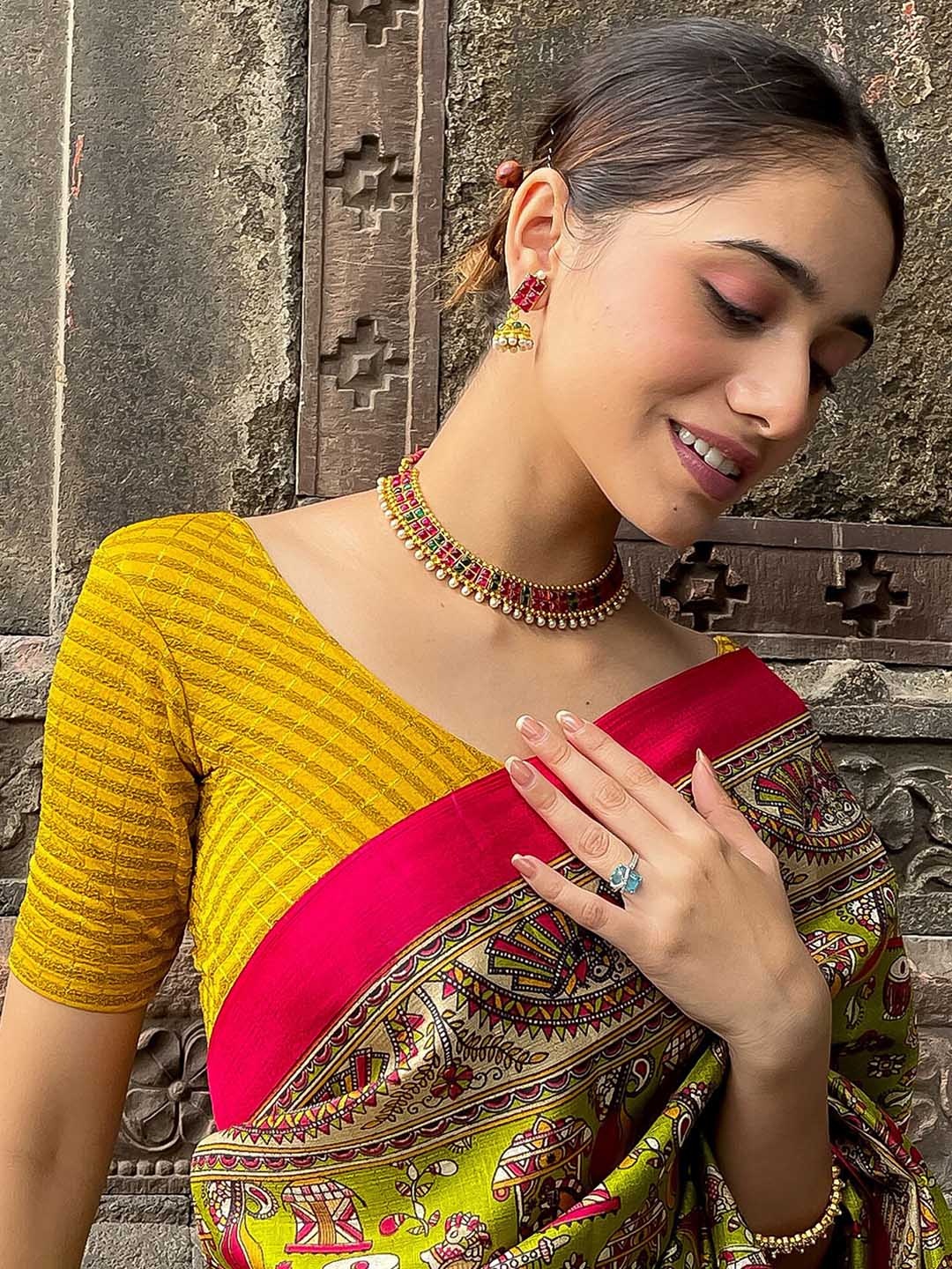 

Bindigasm's Advi Striped Stretchable Saree Blouse, Mustard