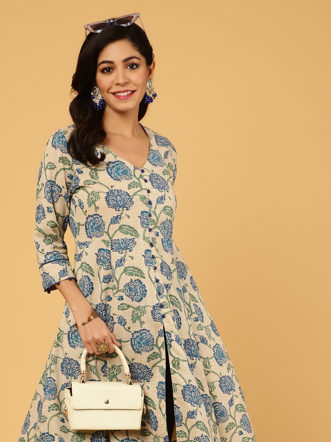 

Jaipur Kurti Floral Print Cotton Anarkali Kurta, Beige