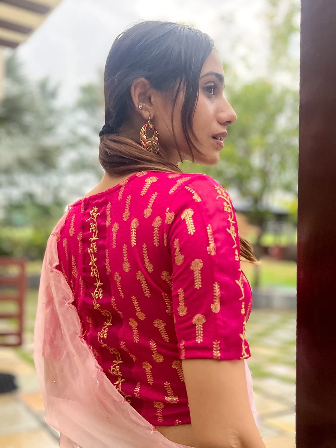 

Bindigasm's Advi Embroidered Stretchable Jacquard Saree Blouse, Pink