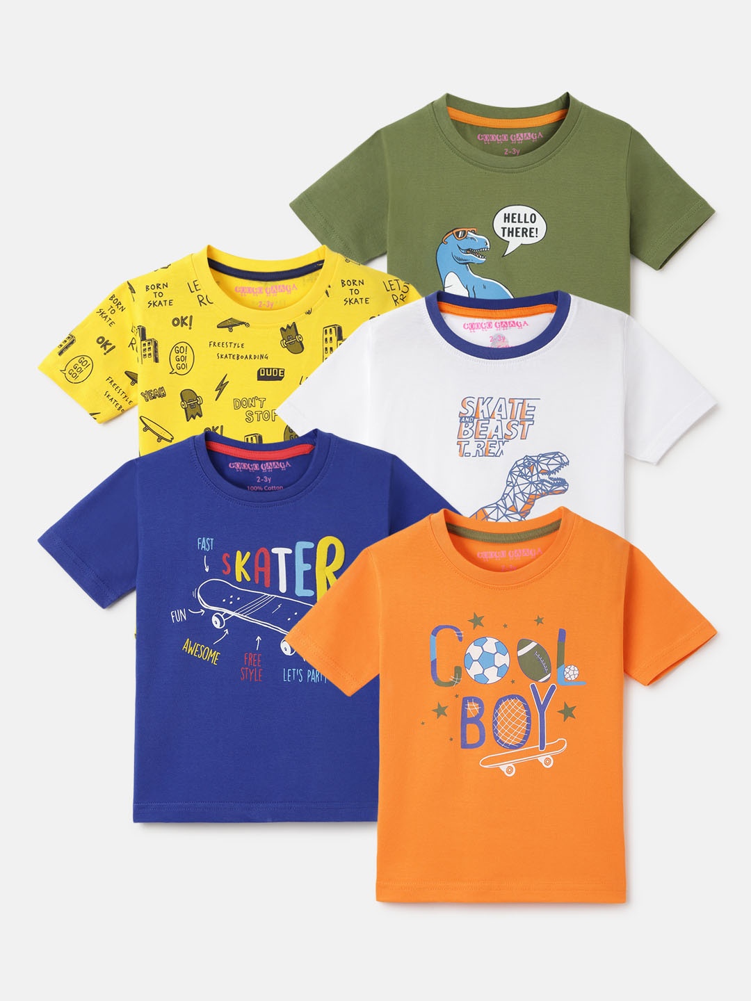 

Googo Gaaga Boys Pack of 5 Printed Round Neck Casual T-shirt, Green