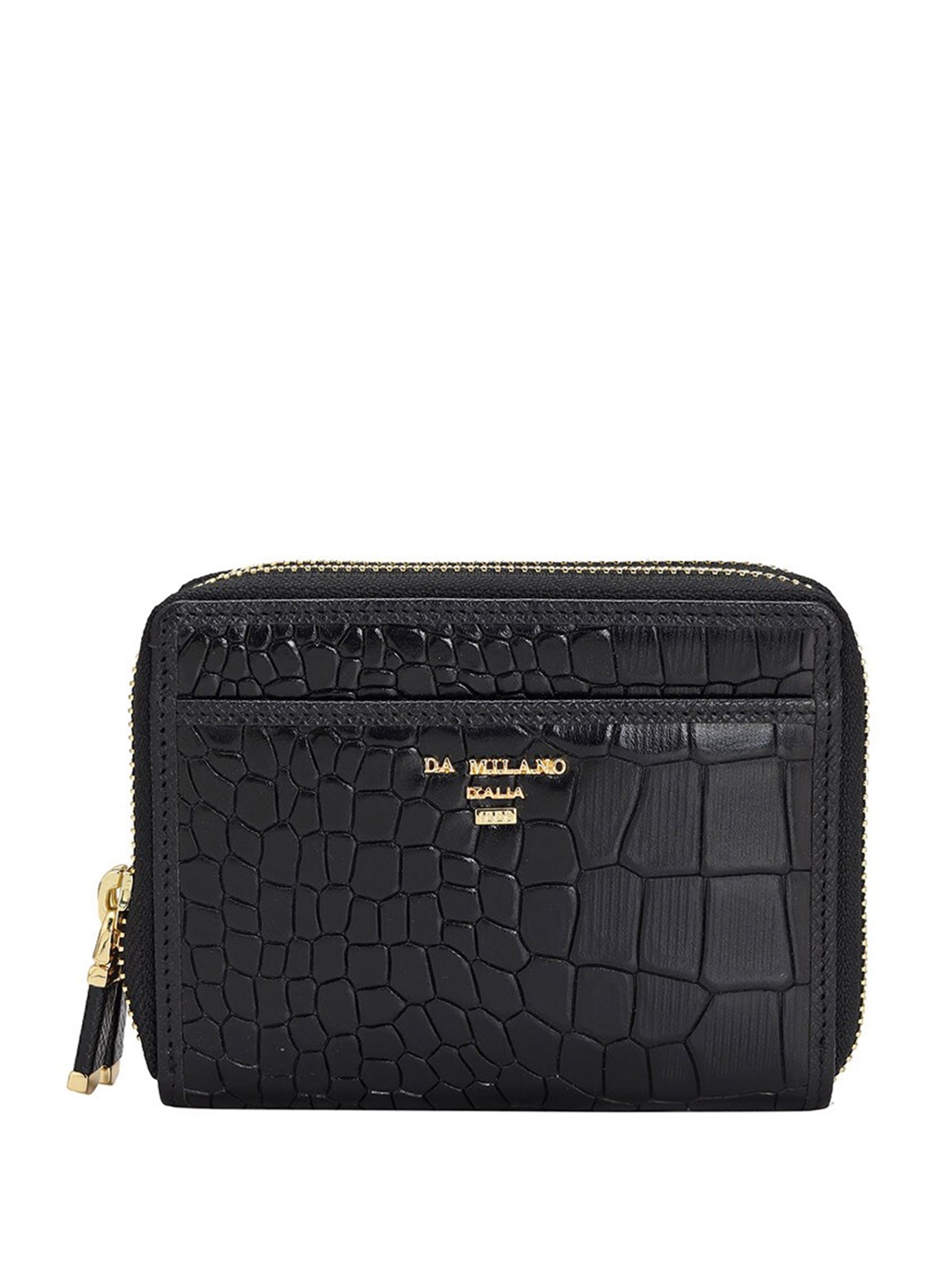 

Da Milano Women Textured Leather Zip Around Wallet, Black