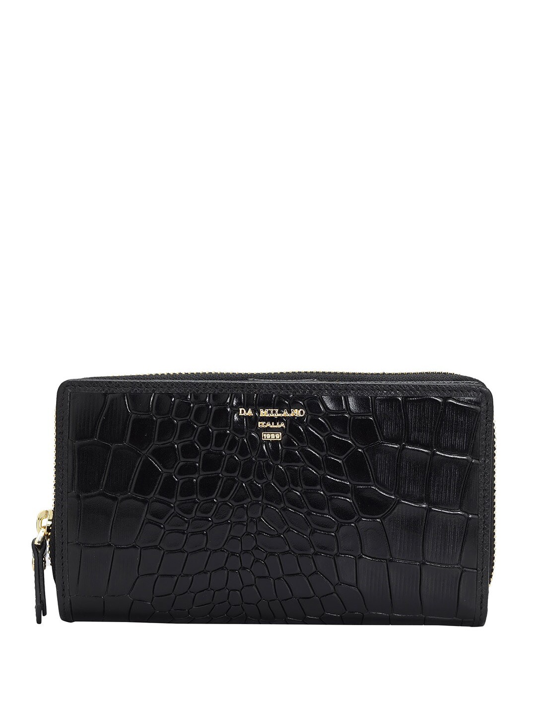 

Da Milano Women Textured Leather Zip Around Wallet, Black