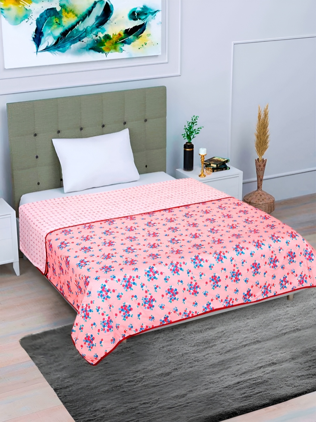 

Aura Peach & White Floral Printed Cotton AC Room 300 GSM Single Bed Dohar