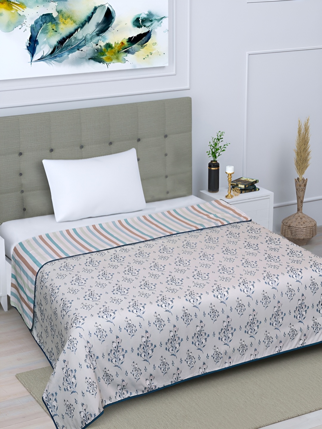 

Aura Beige & Brown Floral Printed Cotton AC Room 300 GSM Single Bed Dohar
