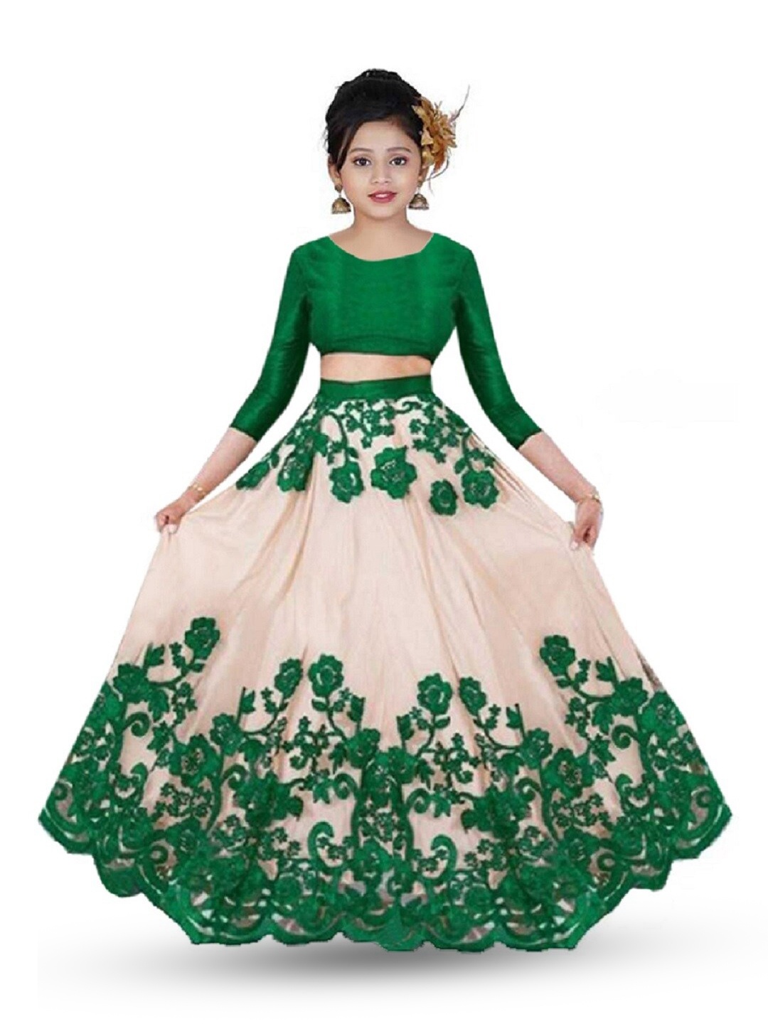 

BAESD Girls Thread Work Detailed Net Semi-Stitched Lehenga & Unstitched, Green