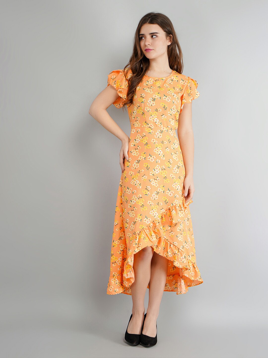 

Kushi Flyer Floral Printed Flutter Sleeves A-Line Midi Dress, Orange