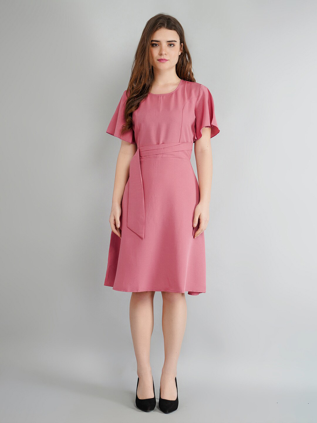 

Kushi Flyer Flared Sleeve Crepe Fit & Flare Dress, Pink