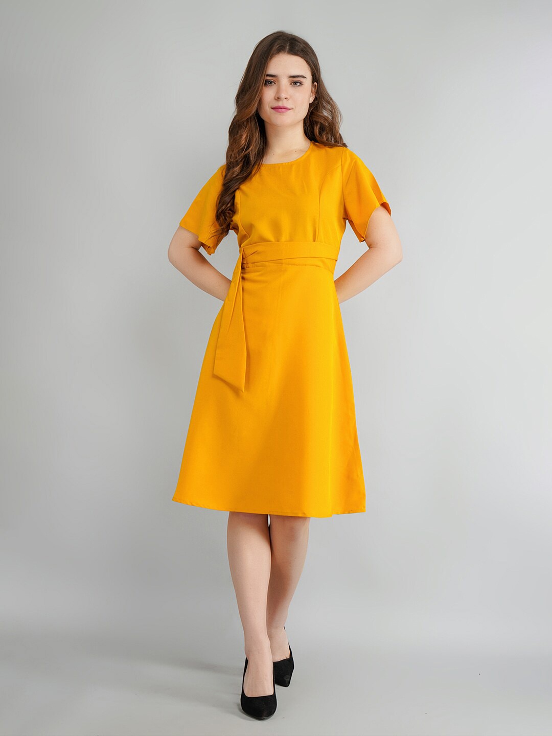 

Kushi Flyer Round Neck Fit & Flare Dress, Mustard