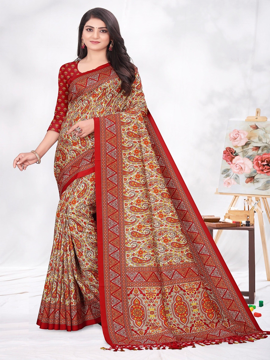 

ARYZE Ethnic Motifs Printed Zari Saree, Cream