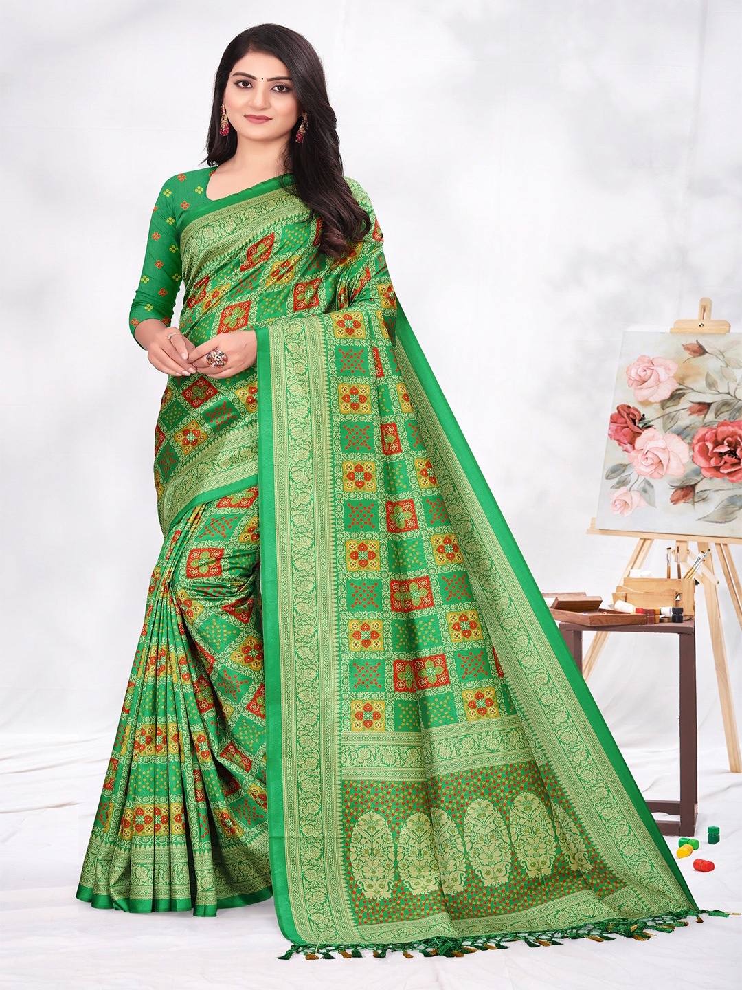 

ARYZE Bandhani Printed Art Silk Saree, Green