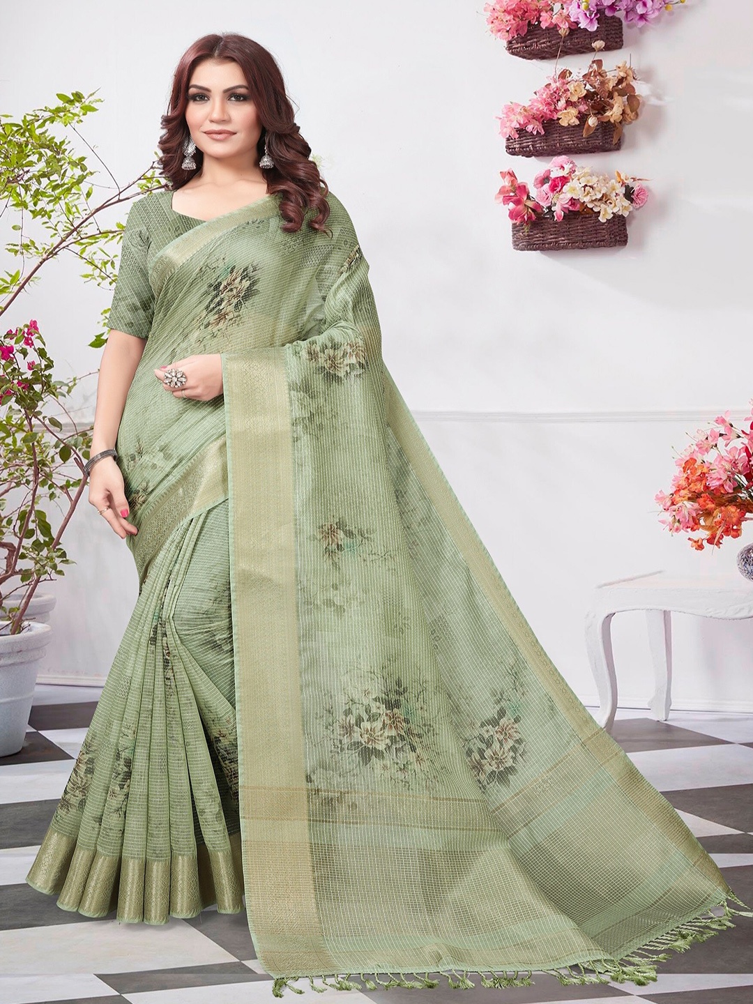 

ARYZE Floral Printed Zari Silk Cotton Saree, Green