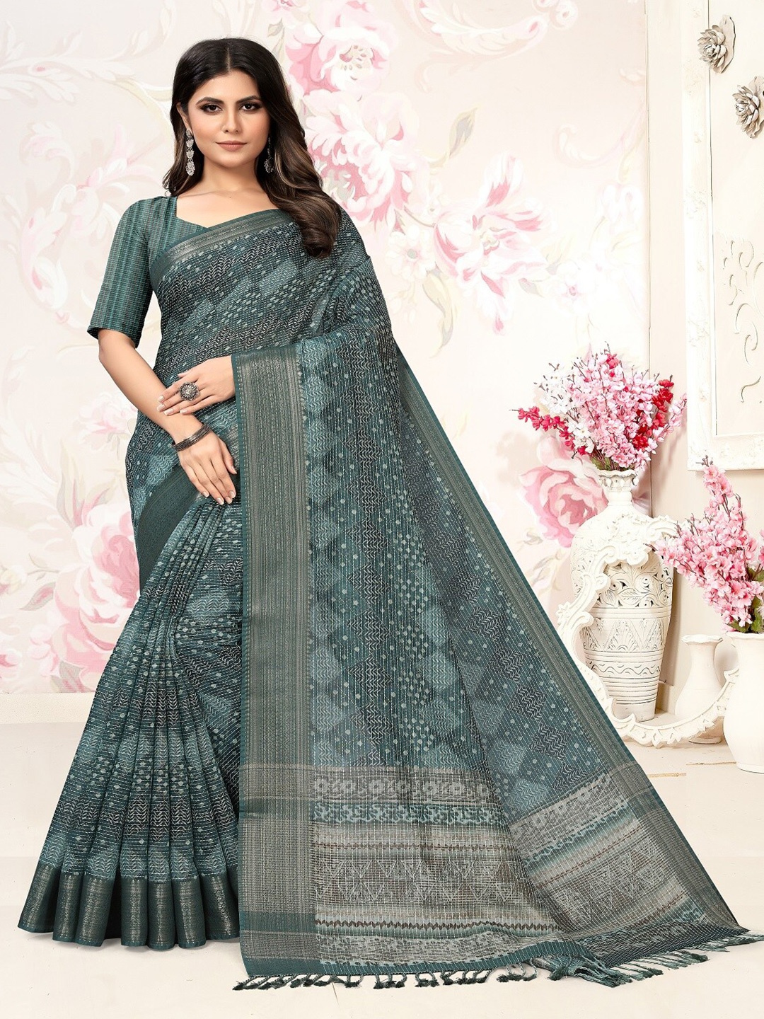 

ARYZE Ethnic Motifs Printed Zari Silk Cotton Saree, Blue