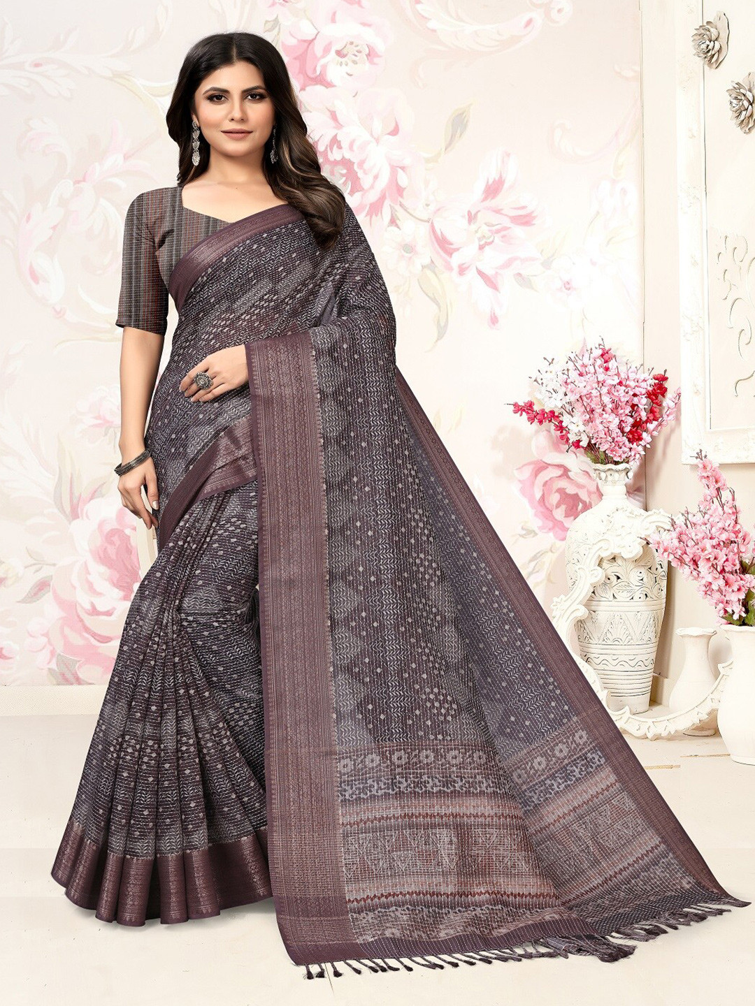 

ARYZE Ethnic Motifs Printed Zari Silk Cotton Saree, Purple