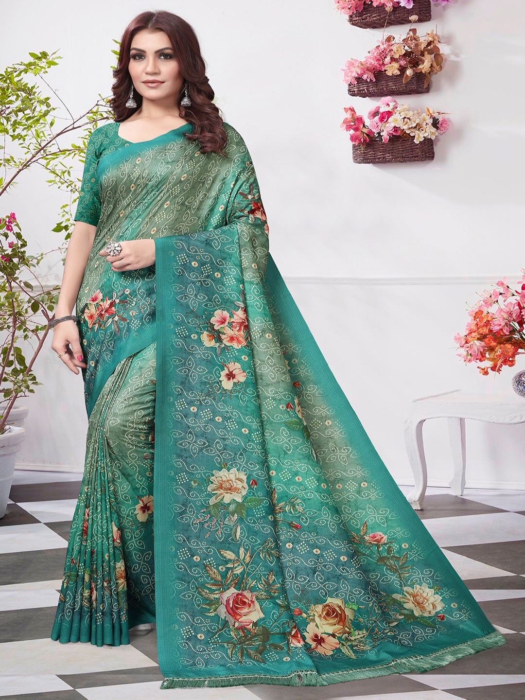 

ARYZE Floral Printed Zari Saree, Teal