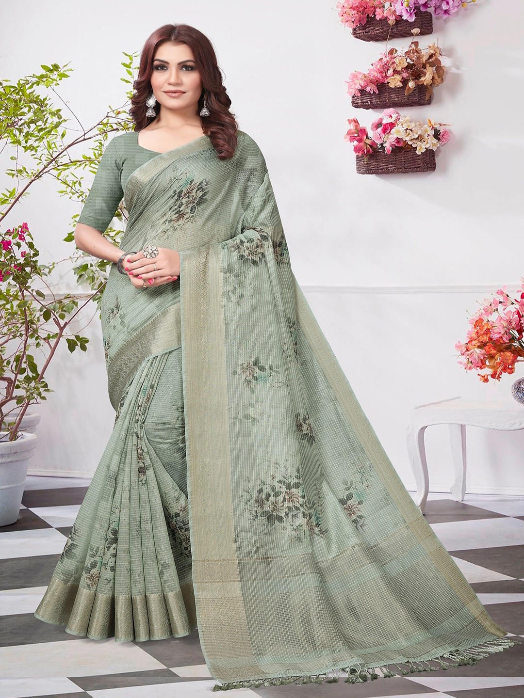 

ARYZE Floral Printed Zari Silk Cotton Saree, Olive