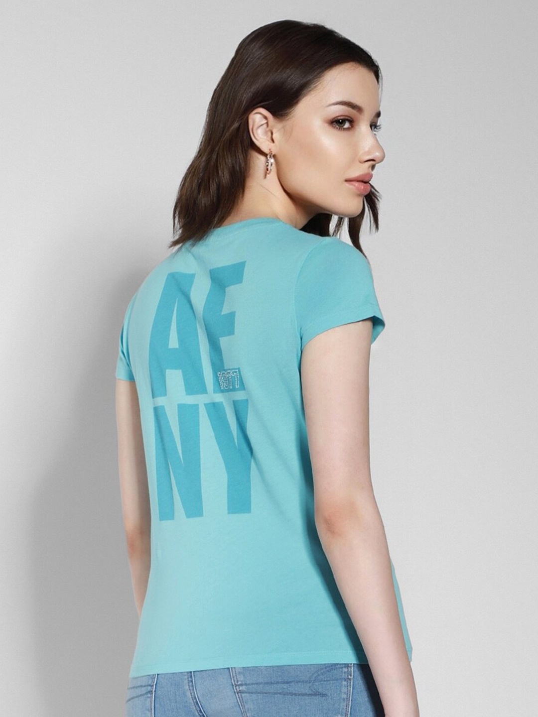 

AMERICAN EAGLE OUTFITTERS Typography Print Round Neck Embroidered Cotton Slim Fit T-shirt, Blue