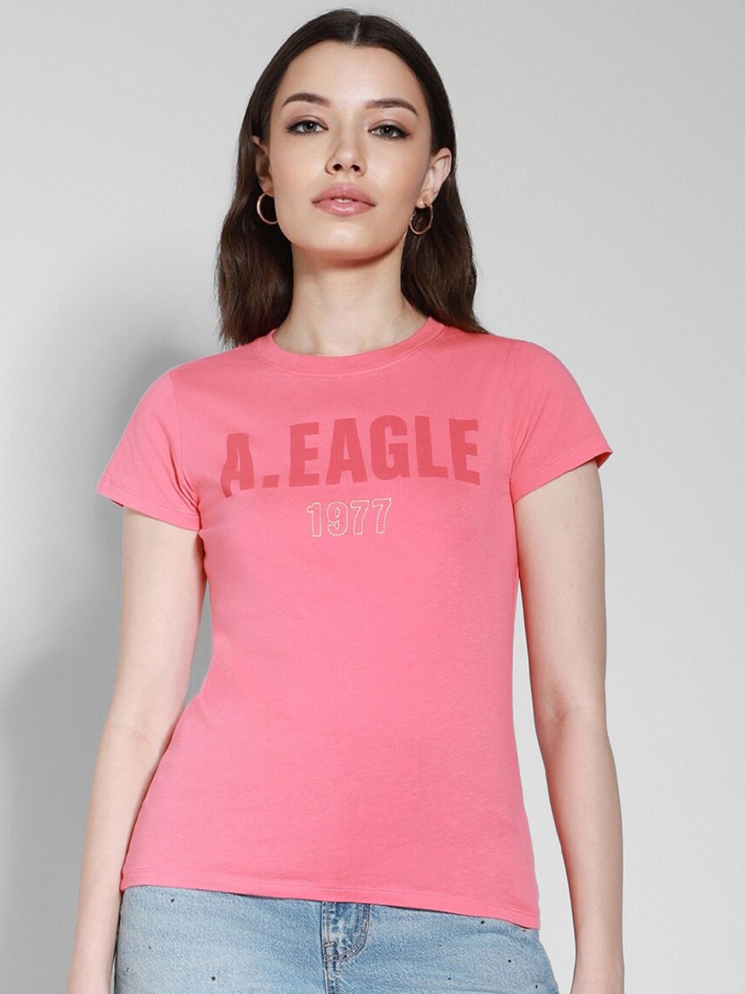 

AMERICAN EAGLE OUTFITTERS Typography Printed Round Neck Cotton Slim Fit T-shirt, Pink