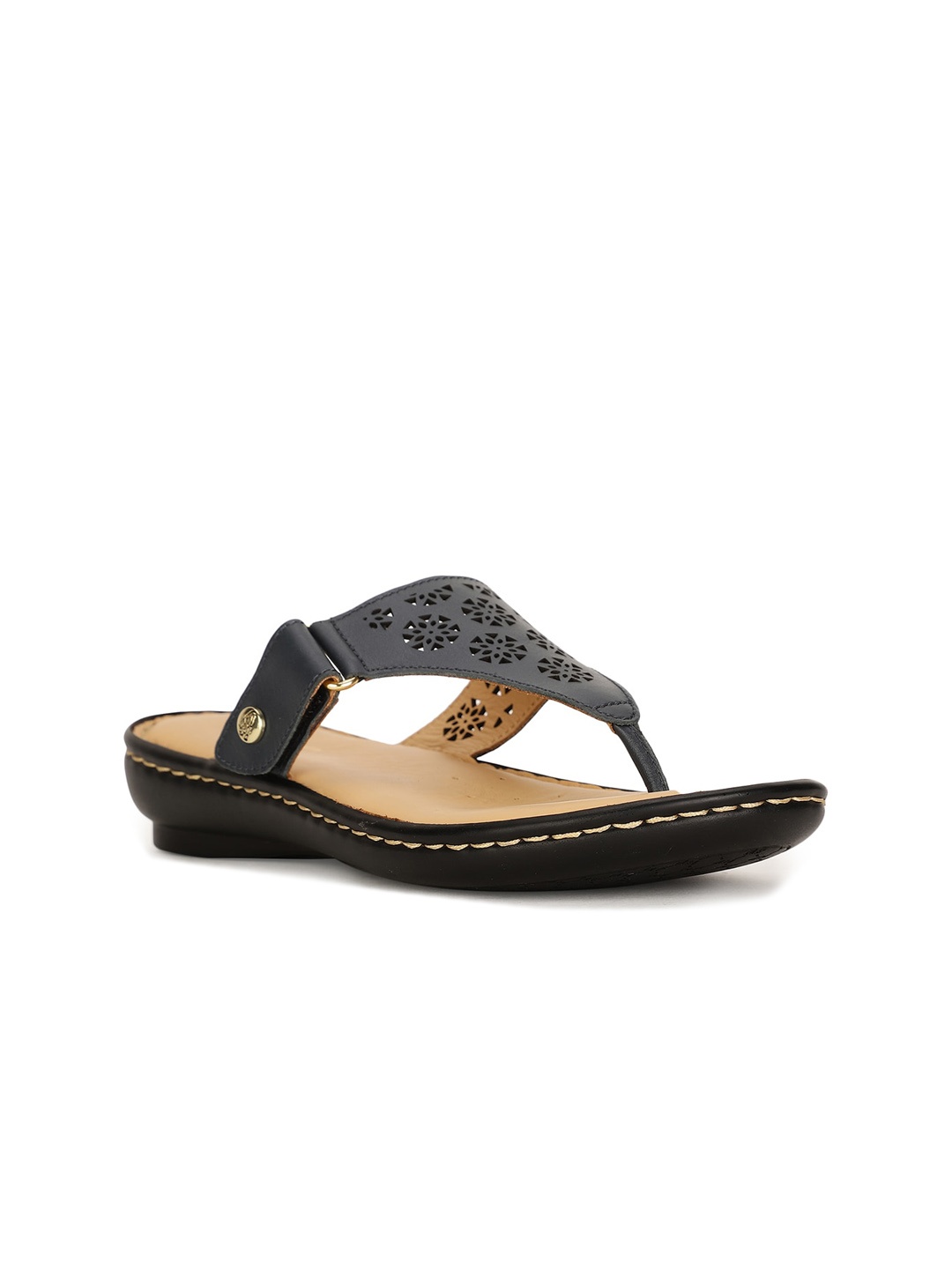 

Hush Puppies Open Toe Leather T-Strap Flats With Laser Cut, Navy blue