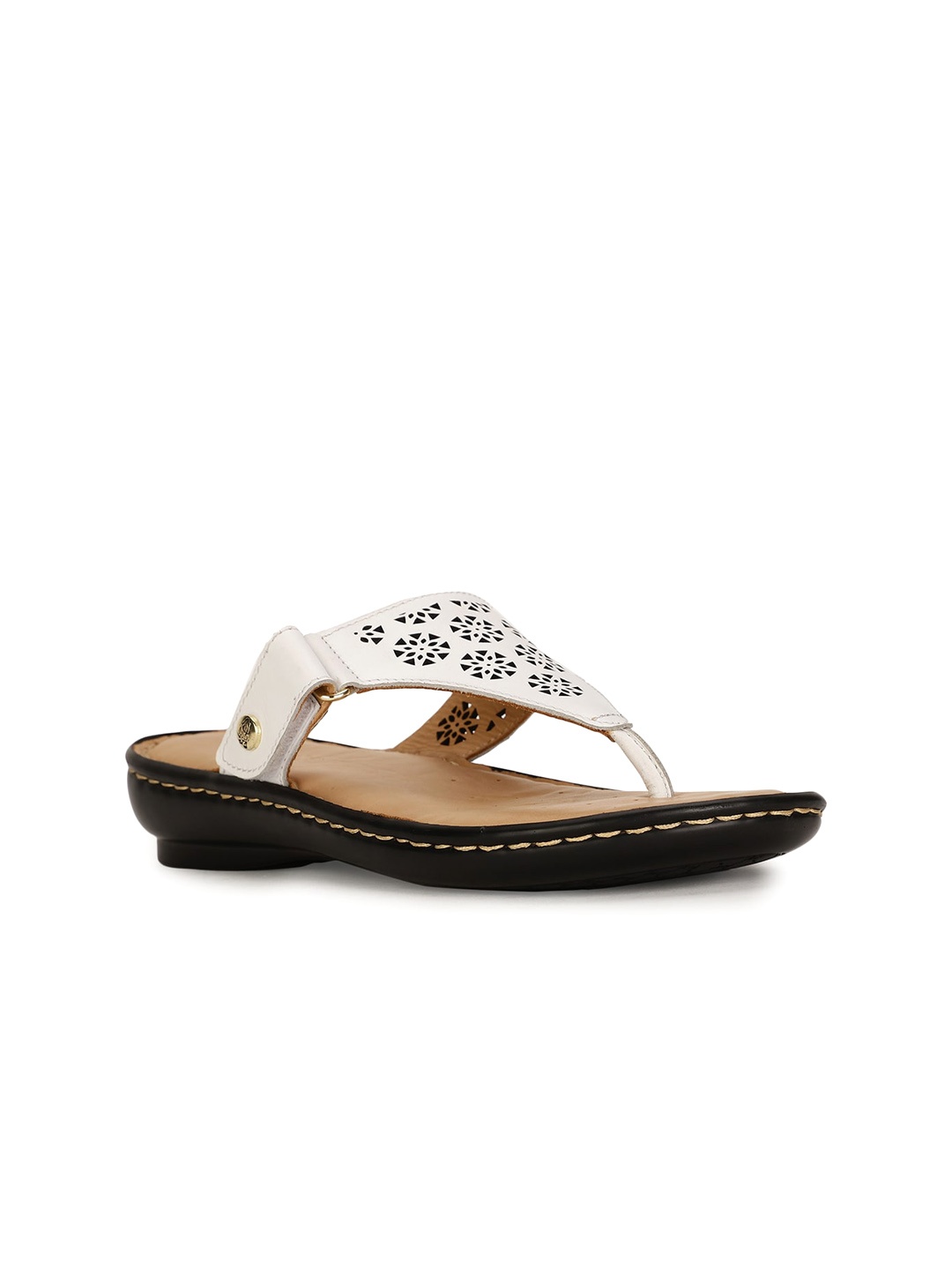 

Hush Puppies Open Toe Leather T-Strap Flats With Laser Cut, White