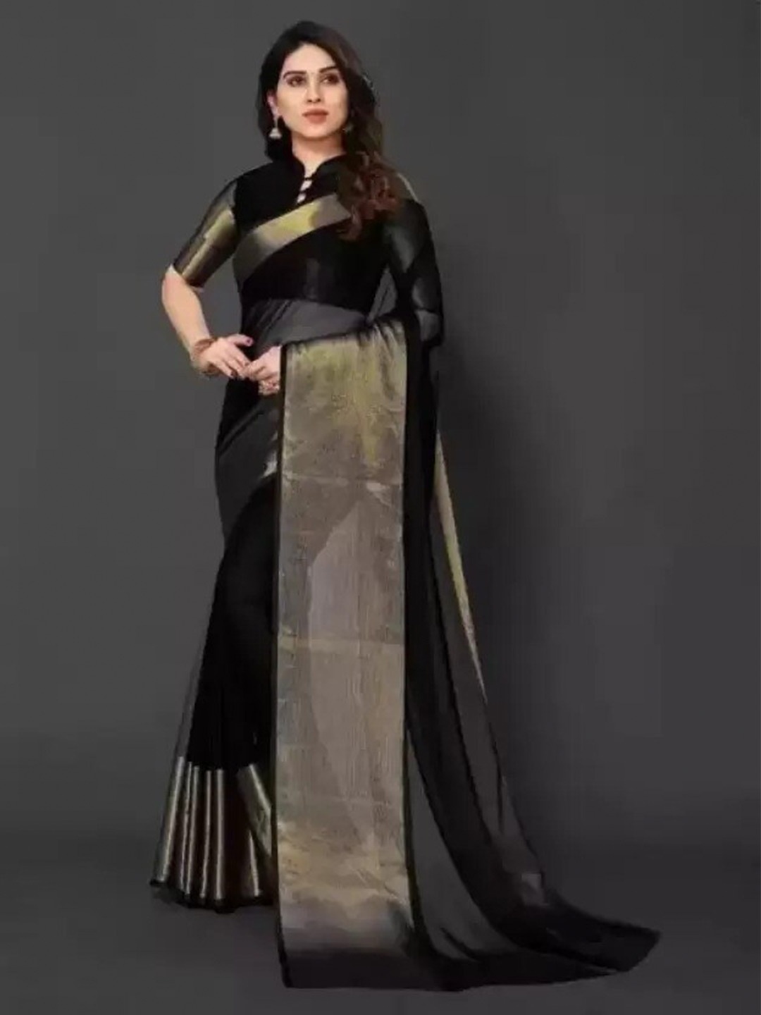 

VRAGI Zari Chiffon Saree, Black