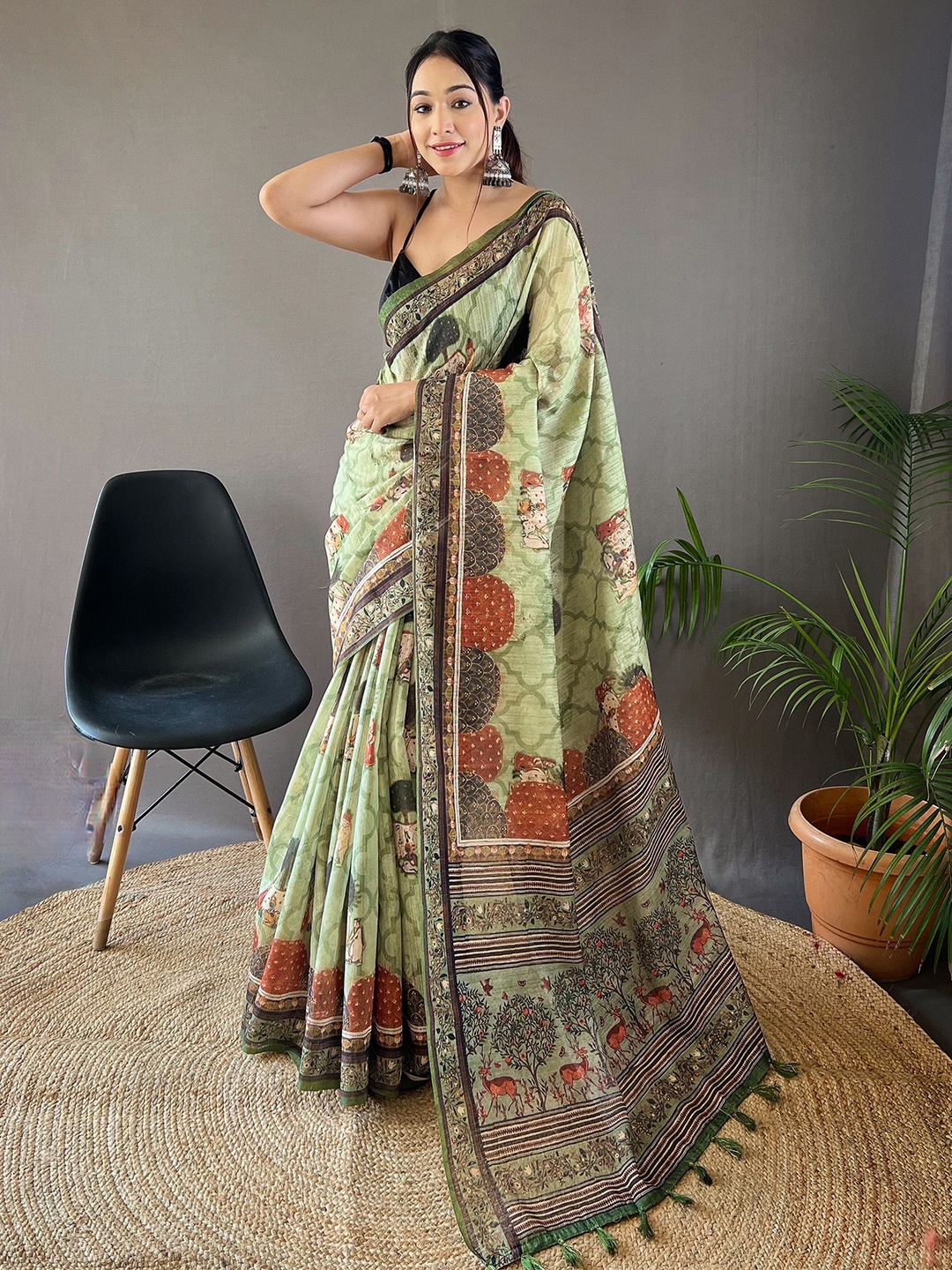

Munir Kalamkari Printed Silk Cotton Tussar Saree, Green