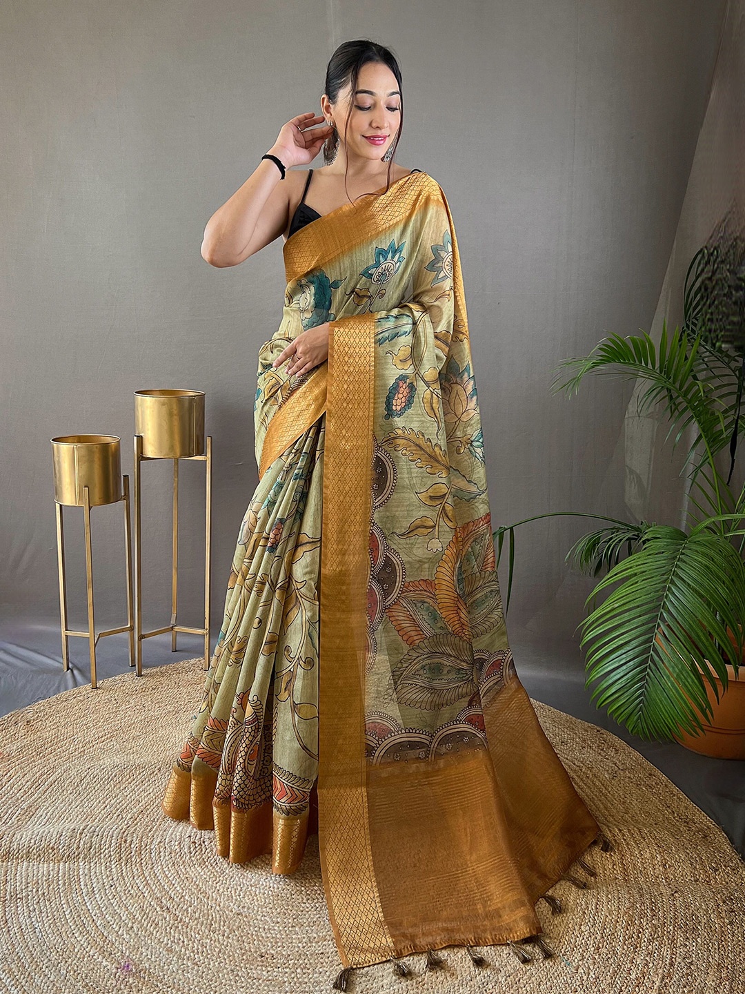 

Munir Kalamkari Printed Zari Silk Cotton Tussar Saree, Green