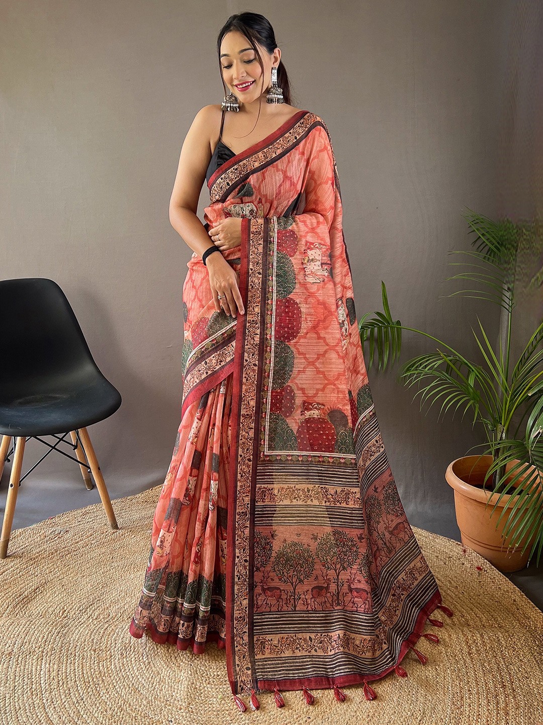 

Munir Kalamkari Tussar Saree with Tassels, Peach