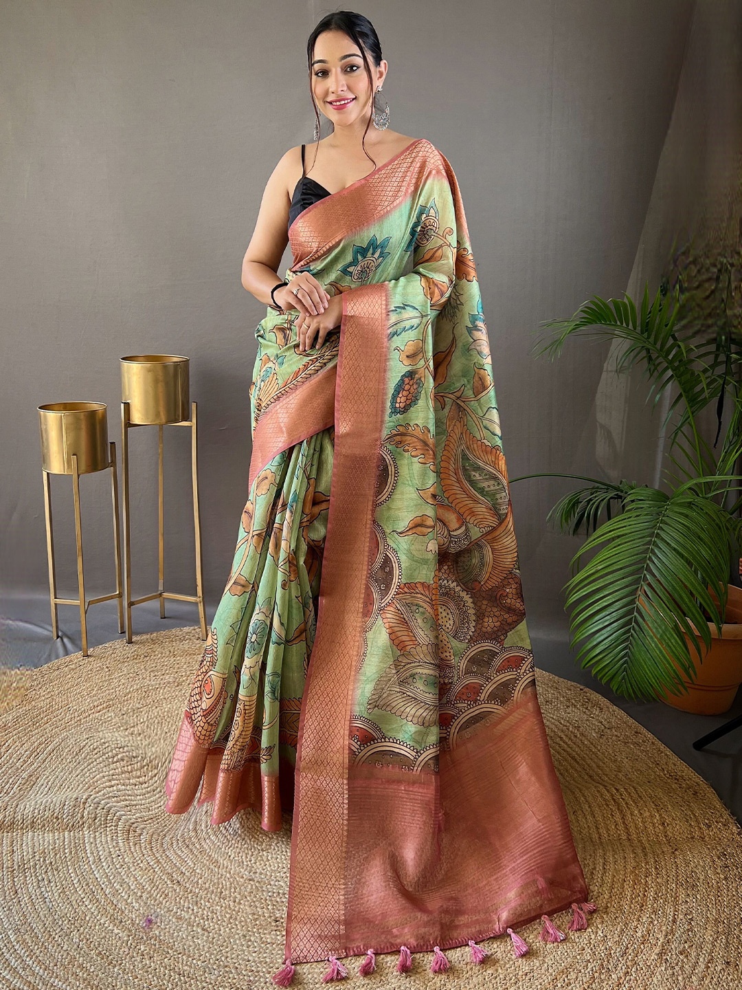 

Munir Kalamkari Printed Zari Silk Cotton Tussar Saree, Green